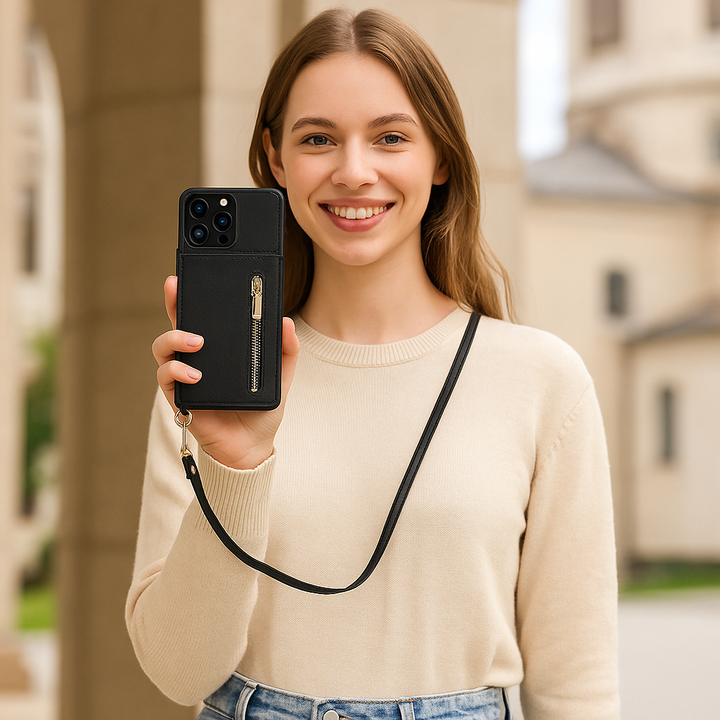 Schwarze 3-in-1 Handyhülle mit Kartenfach & verstellbarem Schultergurt. Praktischer Smartphone-Schutz für iPhone.