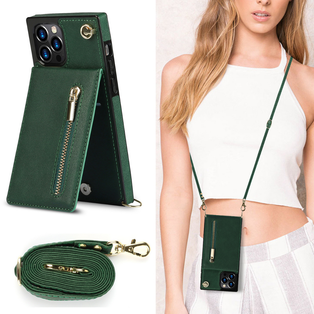 Grüne Handyhülle mit Umhängegurt und Kartenfach. Stylische, freihändige Smartphone-Tasche für Samsung & Huawei.