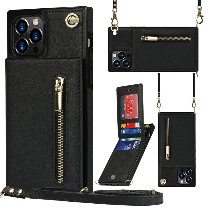 Schwarze Handyhülle mit Kartenfach, Münzfach & Umhängegurt. Stylisches & praktisches Smartphone-Accessoire.