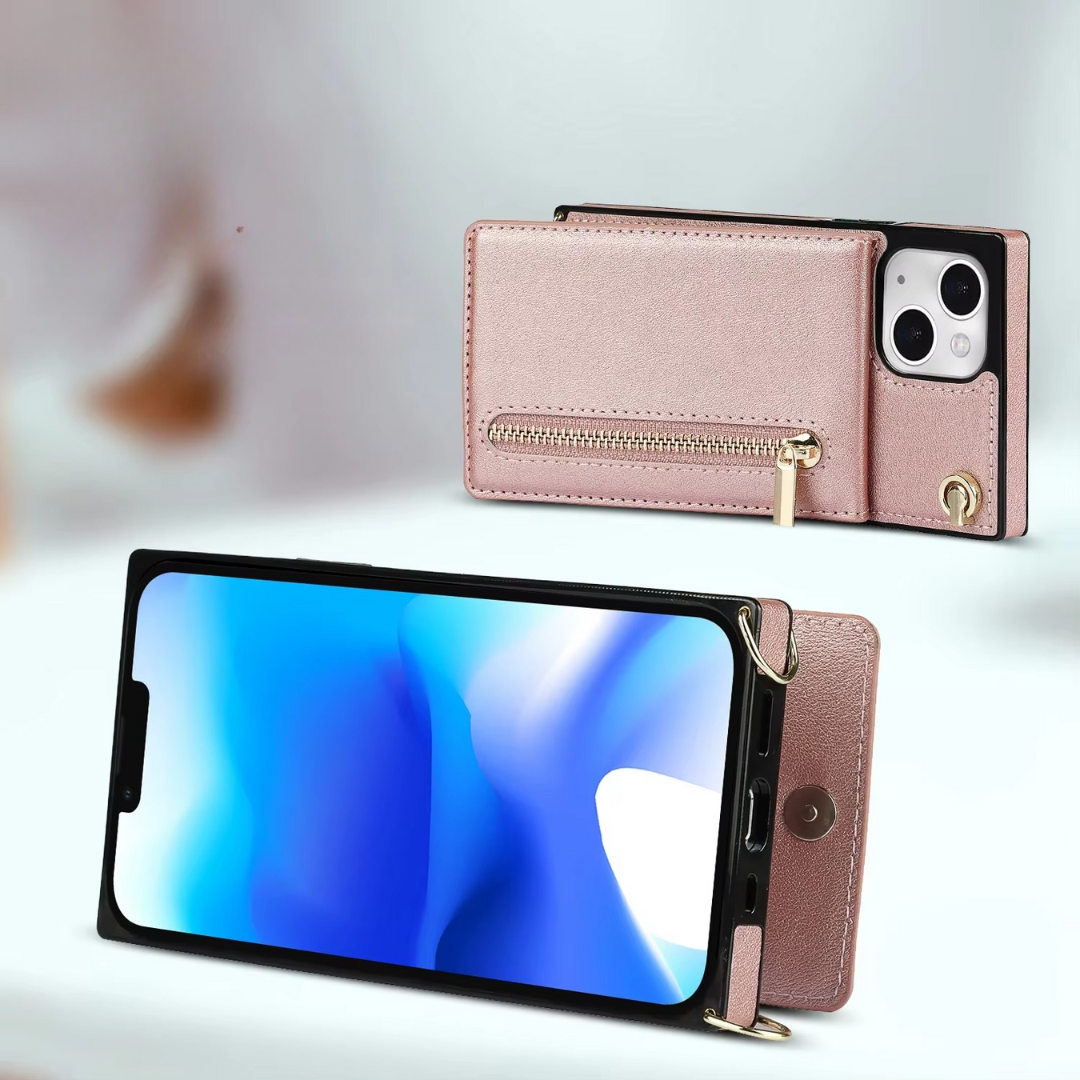 Grüne 3-in-1 Handyhülle mit Geldbörsenfunktion & Schultergurt. Sicherer Smartphone-Schutz & stylische Umhängetasche.