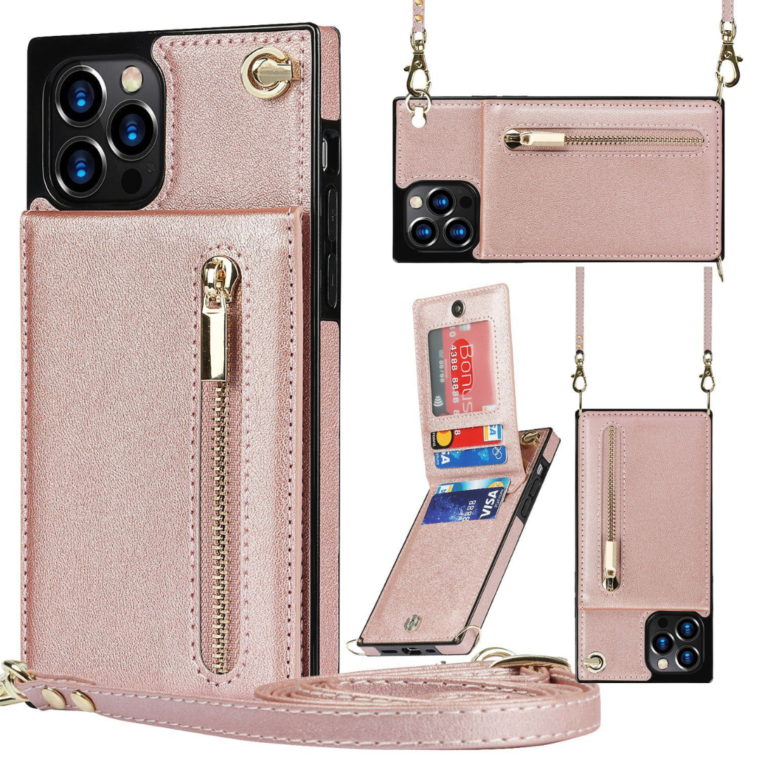 Violette Handyhülle mit Kartenfach & Schultergurt. 3-in-1 Lösung für freihändigen Smartphone-Transport. Praktisch.