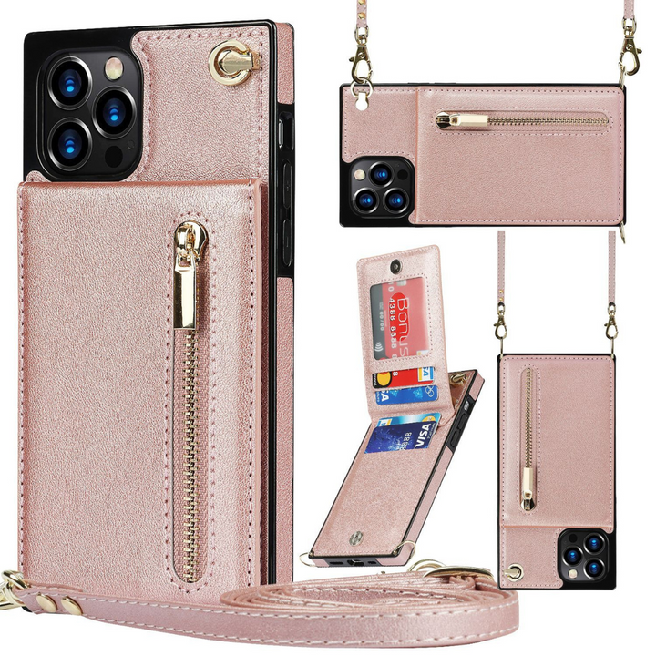 Violette Handyhülle mit Kartenfach & Schultergurt. 3-in-1 Lösung für freihändigen Smartphone-Transport. Praktisch.