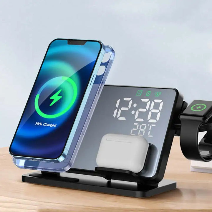 Schwarze 3-in-1 kabellose Ladestation mit Wecker für Smartphone, Smartwatch & Kopfhörer, perfekt organisiert.