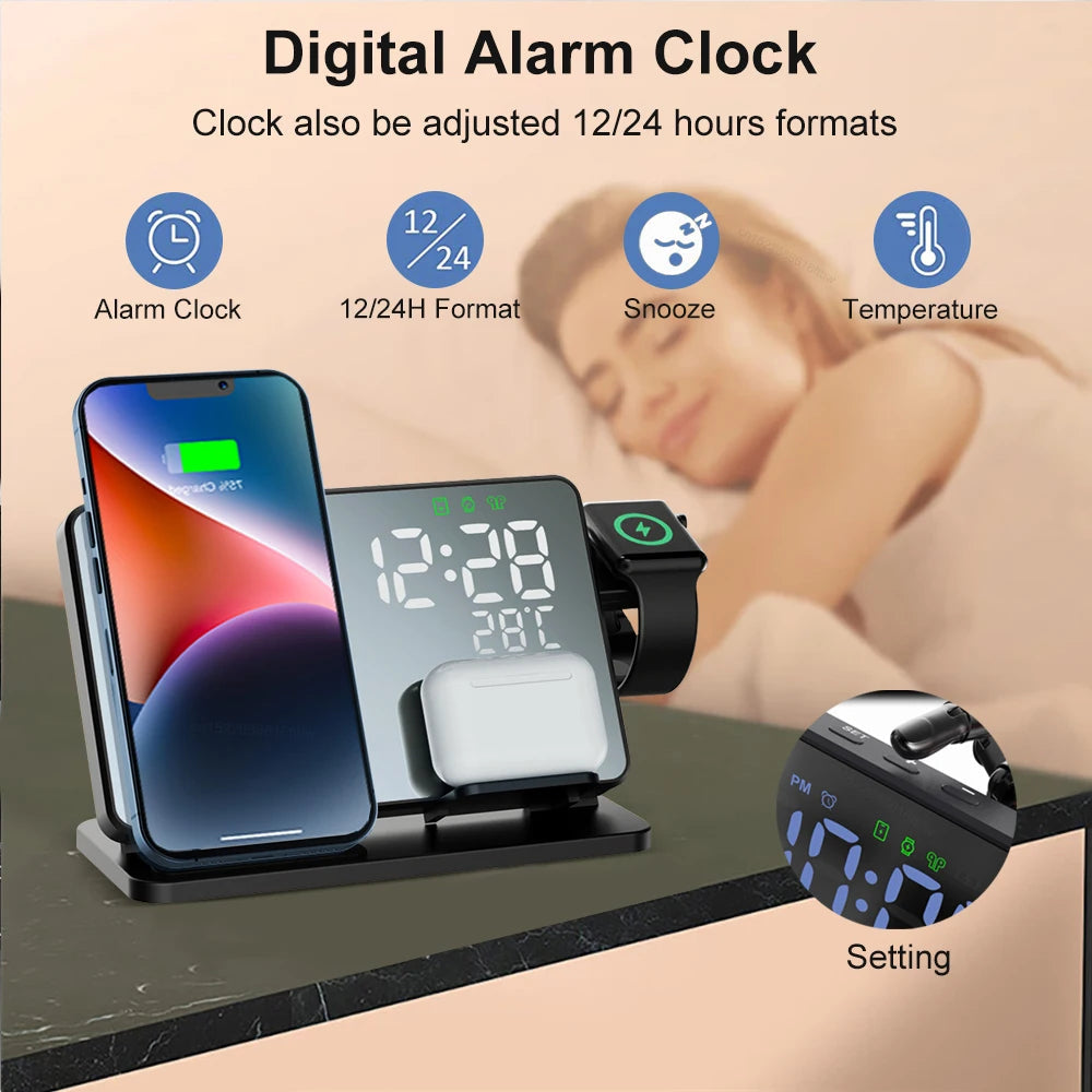 Multifunktionale kabellose Ladestation (3-in-1) mit digitalem Wecker; lädt Smartphone, Watch & Kopfhörer schnell.