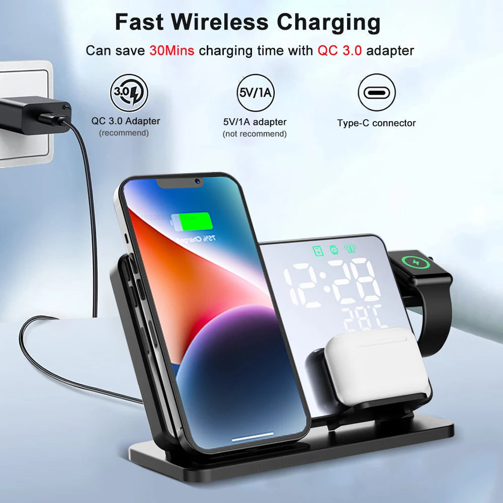 Kompakte 3-in-1 Dockingstation in Schwarz: Schnellladegerät mit Wecker für Handy, Smartwatch und Wireless Kopfhörer.