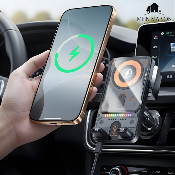 Schwarze Auto-Handyhalterung mit 15W kabellosem Laden für sichere Smartphone-Navigation im Fahrzeug.