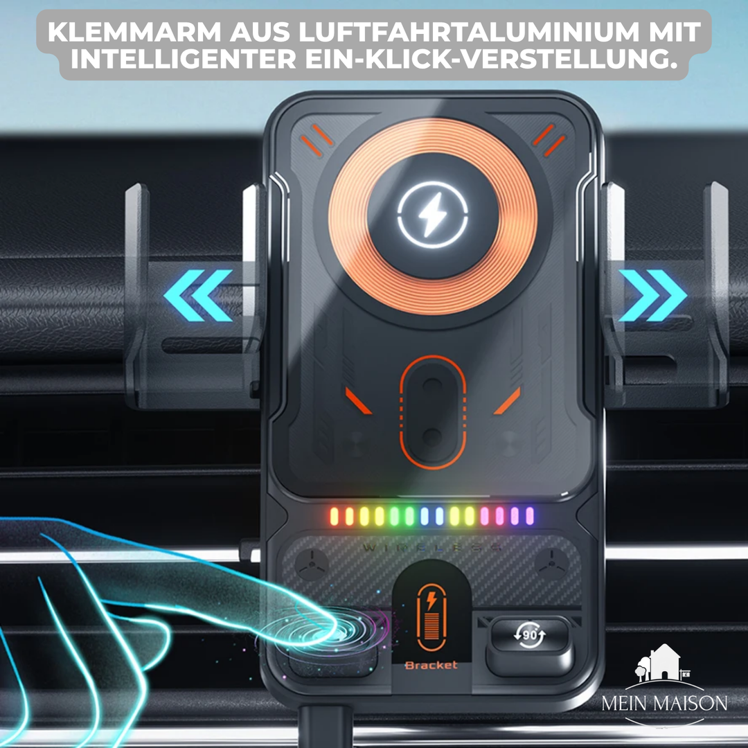 Universelle Kfz-Handyhalterung mit induktivem 15W Laden für Smartphones, ideal für sicheres Fahren & Navigation.