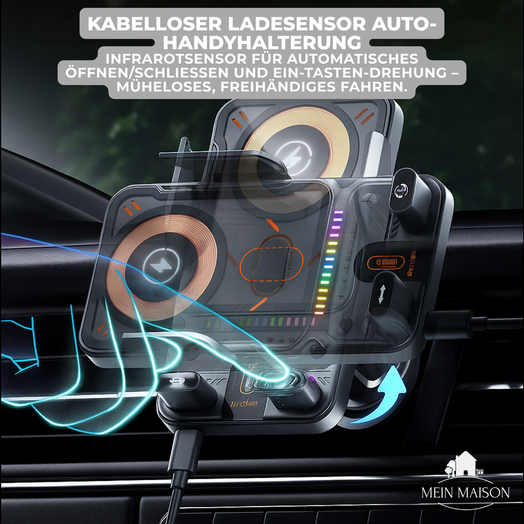 Sichere Auto-Handyhalterung mit 15W kabelloser Ladefunktion für Navigation und Freisprechen im Fahrzeug, schwarz.