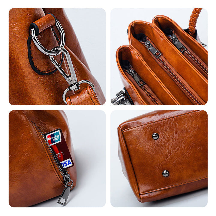 Braune Damen Boston Umhängetasche aus Ölwachsleder, Detailaufnahme mit Model. Weiche Leder-Handtasche.