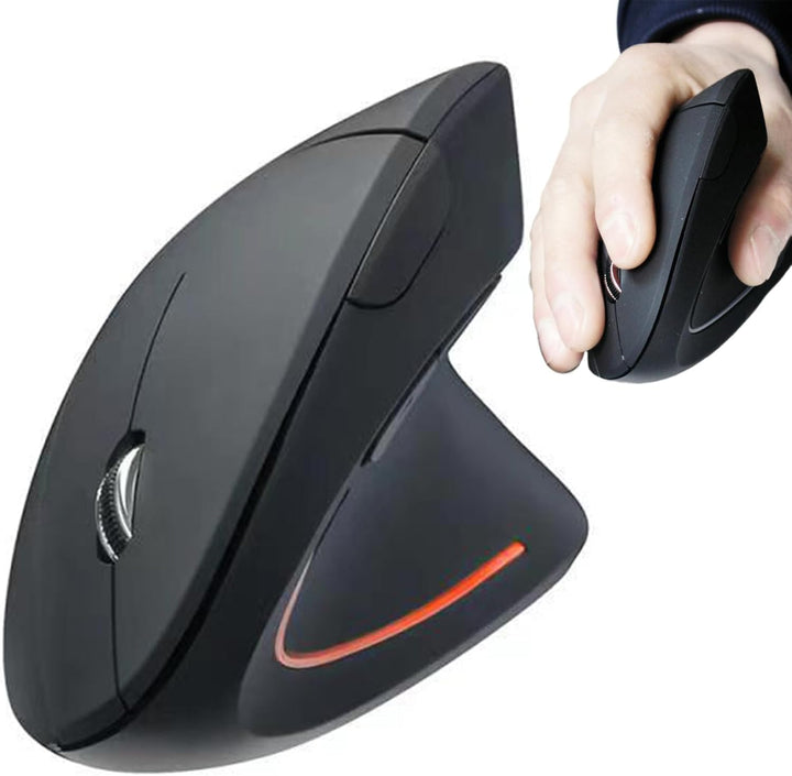 Schwarze ergonomische vertikale kabellose Maus Elvion für gesunde Handhaltung am PC.