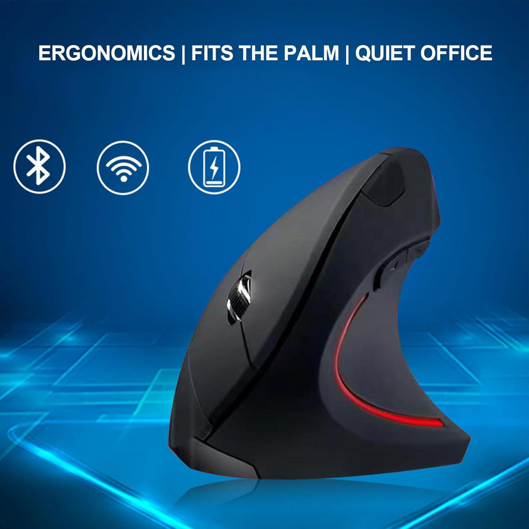 Detailansicht der ergonomischen vertikalen Wireless Maus Elvion in Schwarz, ABS-Material.