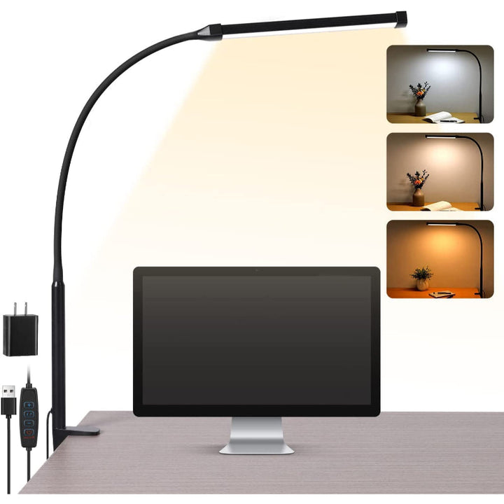 Schwarze flexible LED Schreibtischlampe mit Klemme für augenfreundliches Arbeiten. Ideal für Homeoffice & Büro.