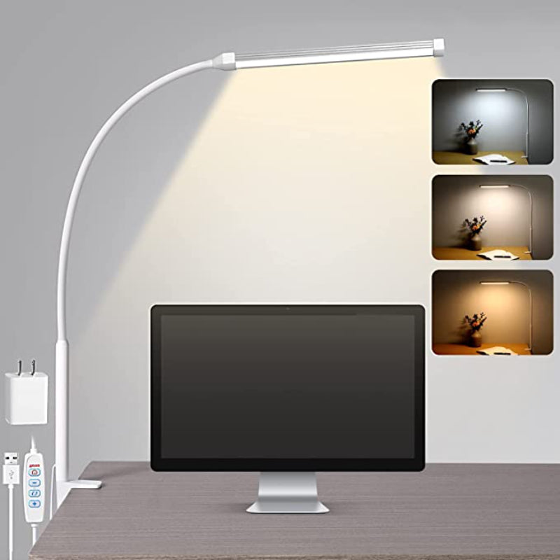 Dimmbare LED Klemmlampe aus Metall, USB-betrieben, ideal als flexible Leselampe oder Büroleuchte.