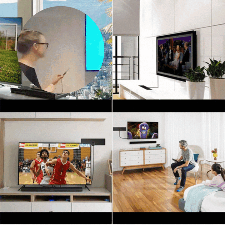 Schwarze HDTV Indoor Antenne mit Signalverstärker für klaren HD-Empfang und kostenloses Fernsehen.