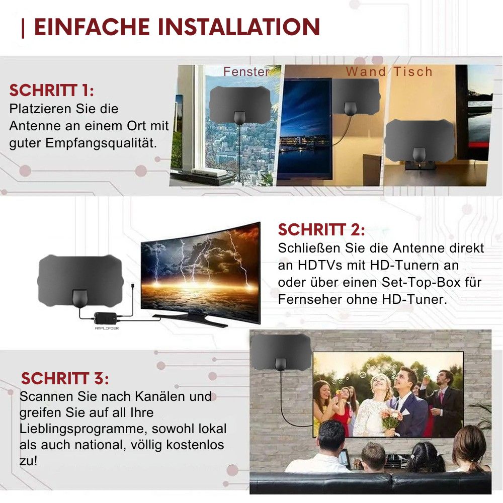 Elegante schwarze HDTV Indoor Antenne mit Slim Design, verbessert den TV-Empfang digitaler HD-Sender erheblich.