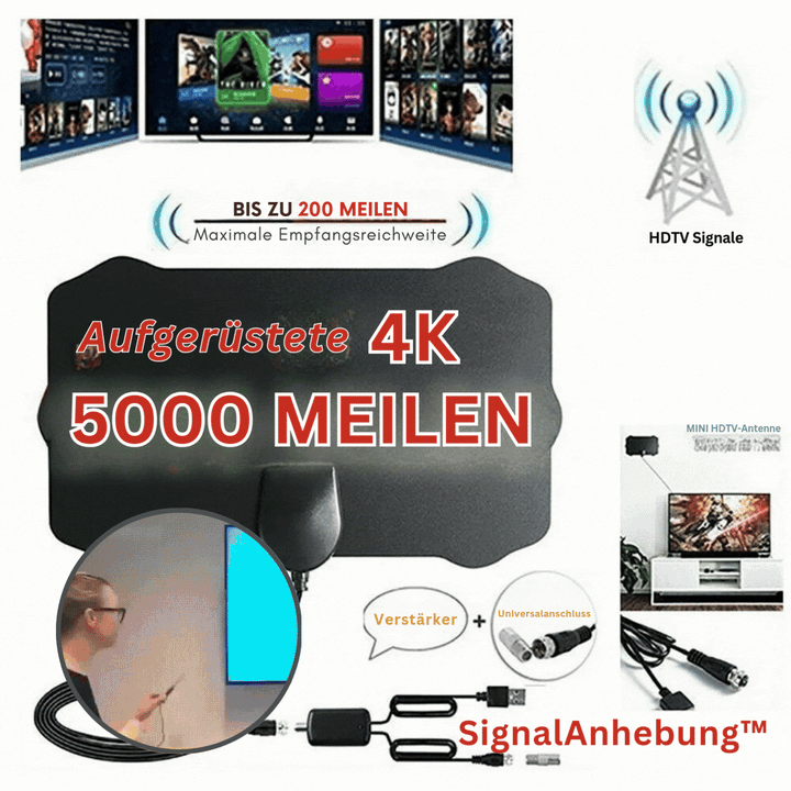 Digitale TV Antenne für Innenräume im Slim Design; einfache Installation, inkl. Koaxialkabel für TV Empfang.