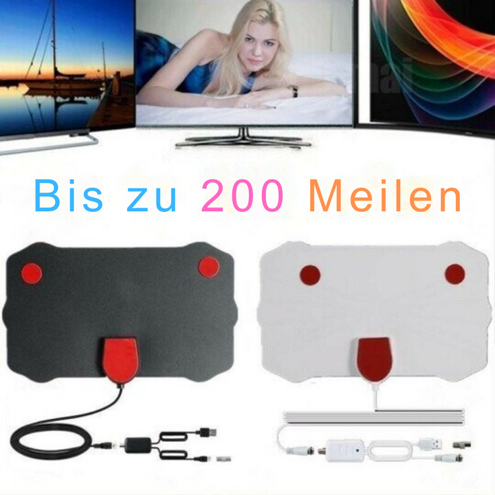 Ultradünne schwarze digitale TV Antenne mit Signalverstärker, geeignet für den Empfang vieler HD-Sender.