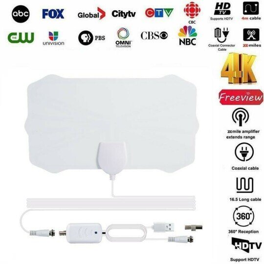 Einfach installierbare digitale Antenne für HDTV, mit Signalverstärker, kompatibel für besseren TV-Empfang.