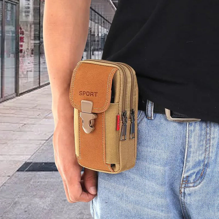 Multifunktionale Herren Handytasche am Gürtel, Khaki, aus langlebigem Canvas-Stoff.