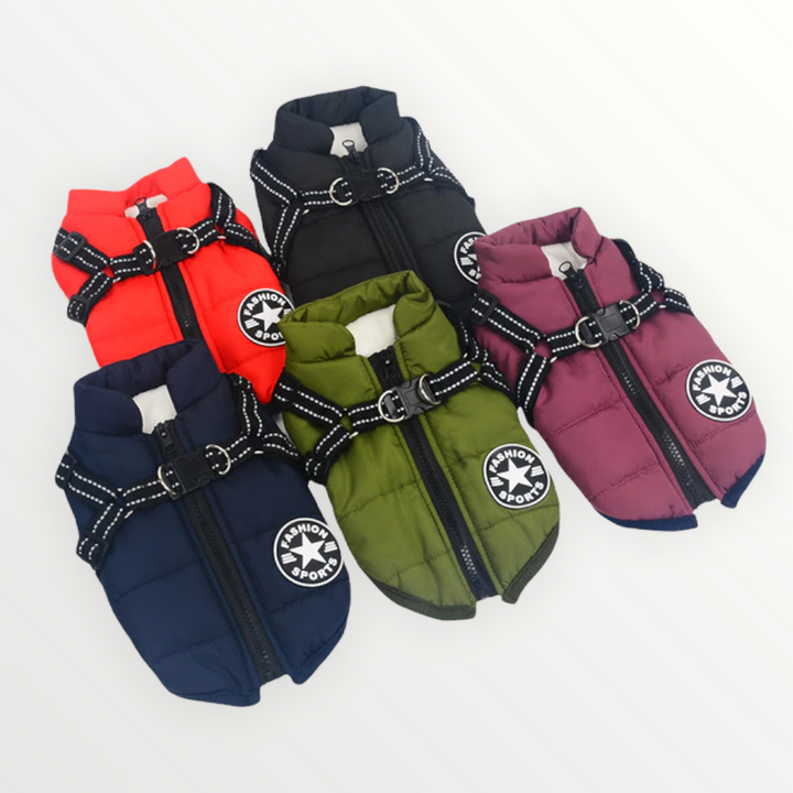 Rote Hundejacke mit integriertem Geschirr. Perfekte wind- & wasserabweisende Hundebekleidung.