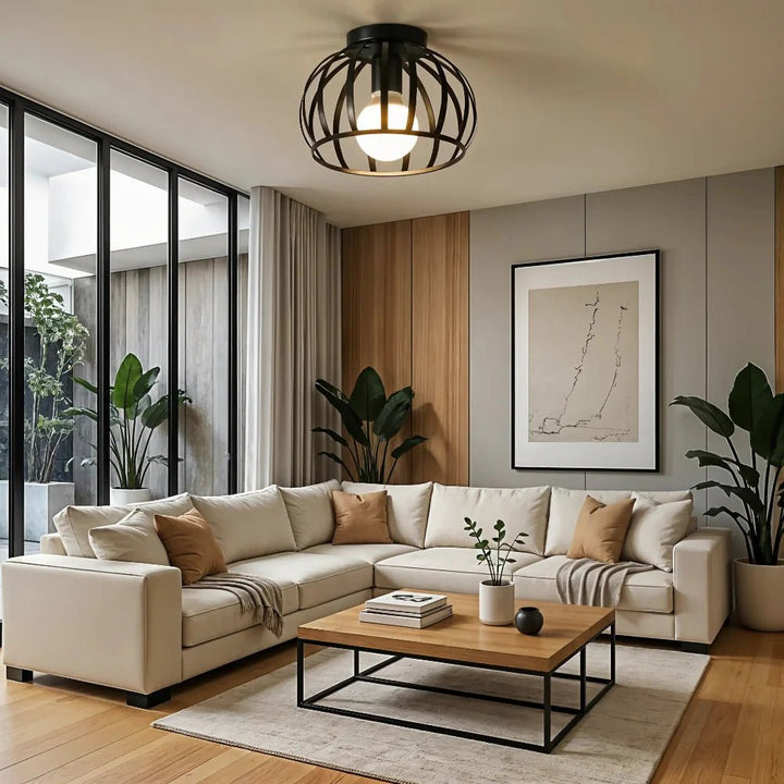 Moderne schwarze Industrie Deckenleuchte beleuchtet ein stilvolles Esszimmer. Ideal als Esszimmerlampe im Loft Stil.
