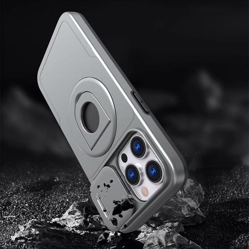 Robuste iPhone Handyhülle in Blau mit integriertem Ringständer und erhöhtem Kameraschutz. MagSafe kompatibel.