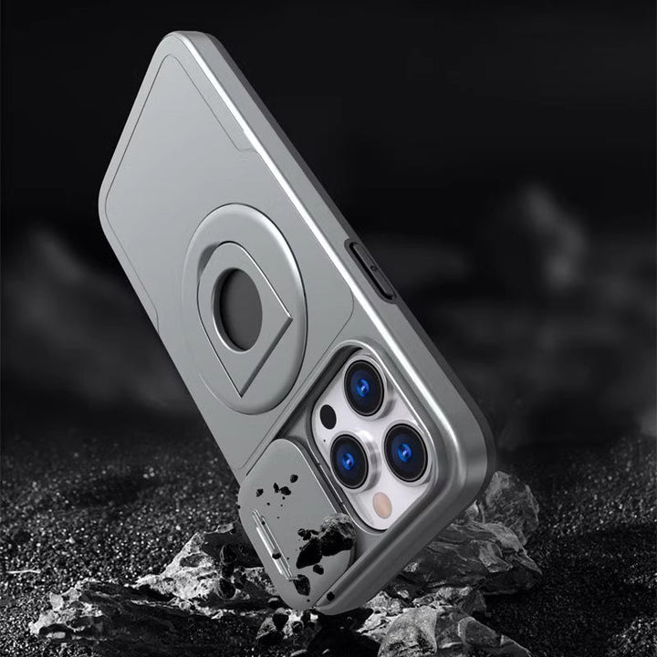 Robuste iPhone Handyhülle in Blau mit integriertem Ringständer und erhöhtem Kameraschutz. MagSafe kompatibel.