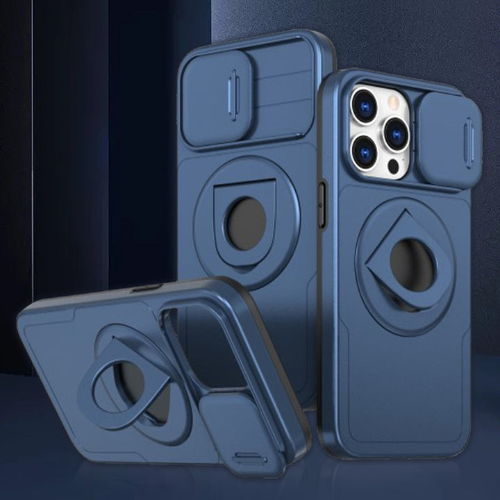 Vorderansicht der grünen iPhone Handyhülle mit Ringständer & Kameraschutz. MagSafe, stoßfest & Fallschutz inklusive.