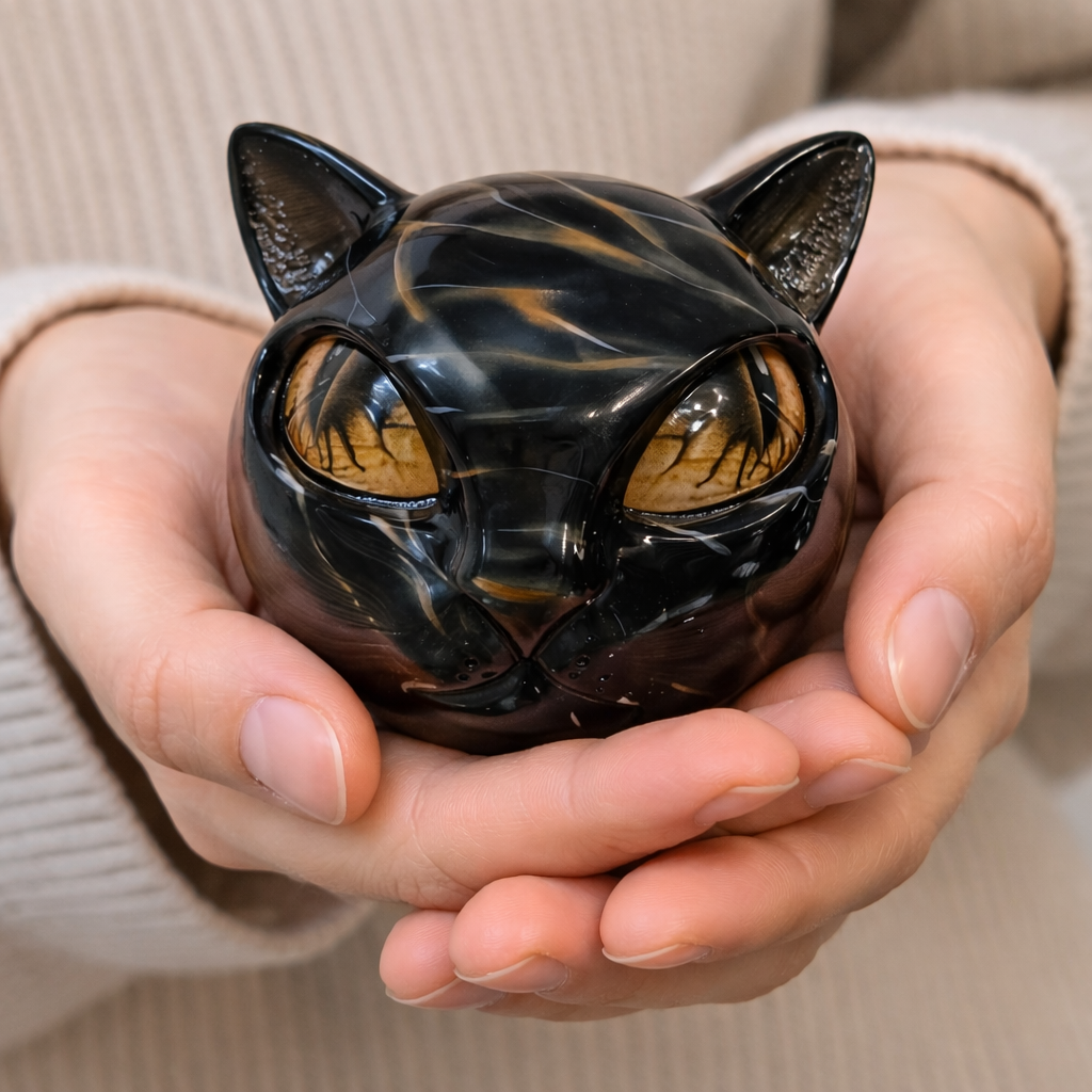 Detailaufnahme der schwarzen Katzenfigur. Moderne, mystische Deko-Skulptur.