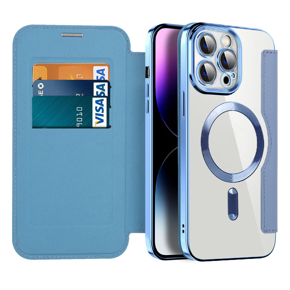 Magnetisches iPhone 13 Flip Cover aus Leder mit RFID-Schutz. Stoßfeste Schutzhülle mit Kartenfächern.