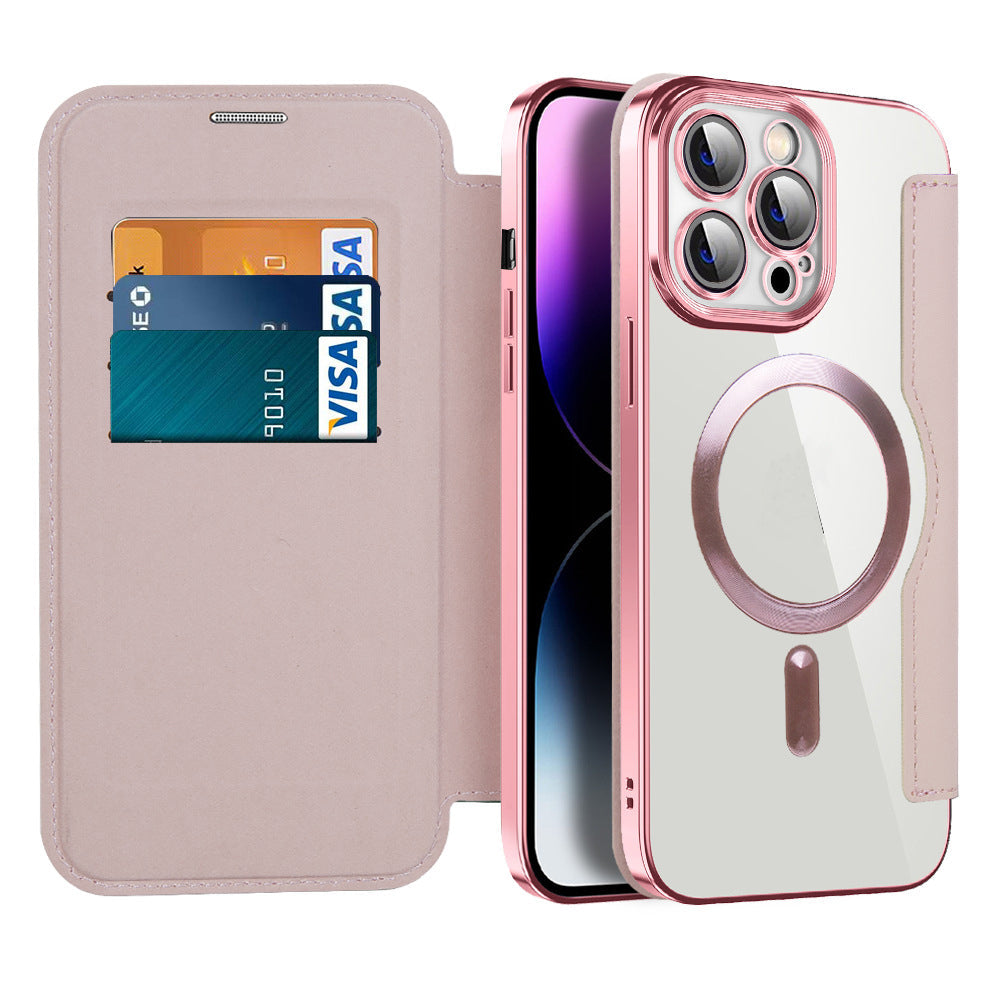 Rückseite der schwarzen Leder-Schutzhülle für iPhone. Magnetisches Flip Case mit MagSafe & Glasrückseite.