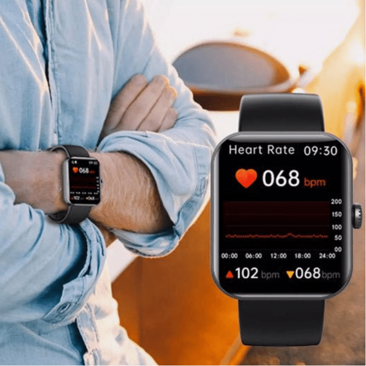 Schwarze Smartwatch zur schmerzfreien Messung von Blutzucker-Trends & Vitalfunktionen am Handgelenk.