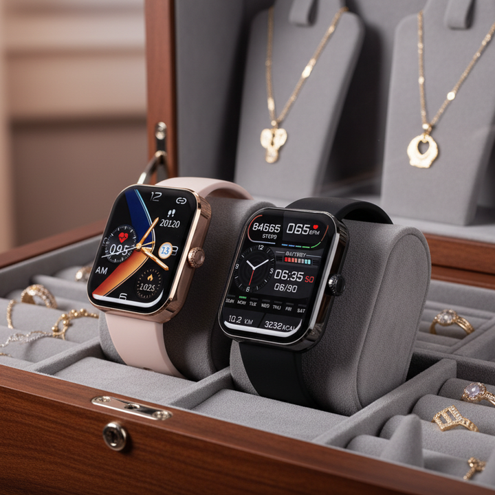 Display der Smartwatch zeigt schmerzfreie Blutzucker-Trends, Herzfrequenz, Blutdruck & Aktivität klar an.