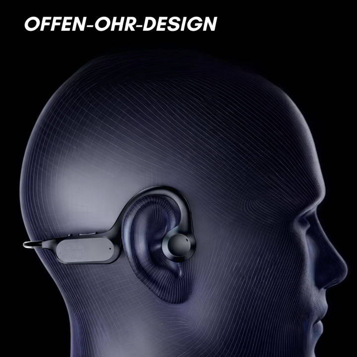 Ergonomische Knochenschall-Kopfhörer in Schwarz, Open-Ear, kabellos für hohen Tragekomfort bei Sport.
