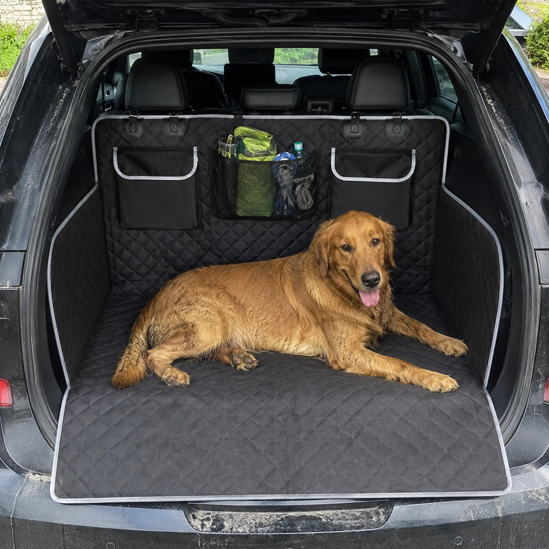 Universelle Hundematte/Autoschutzdecke für Kofferraum, schützt Ihr Auto beim Hundetransport vor Schmutz & Kratzern.