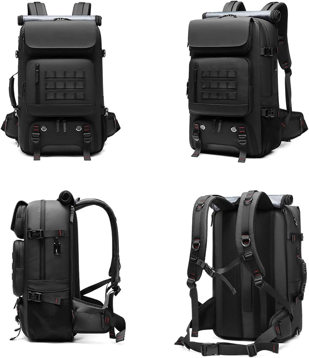 Vielseitiger schwarzer 50L Rucksack, wasserdicht, mit USB-Anschluss und separatem Schuhfach für Business & Outdoor.