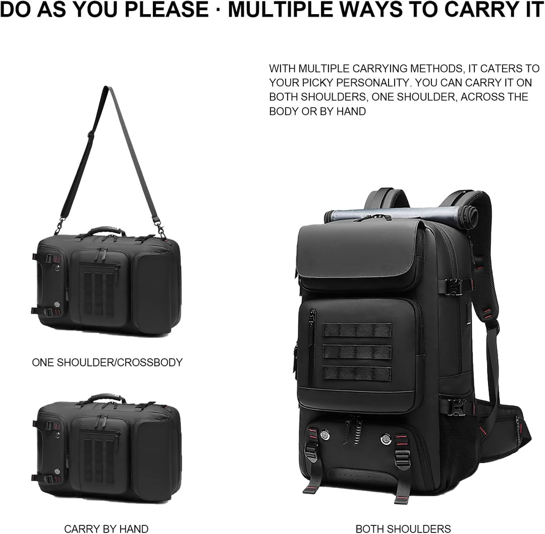 Großer 50L wasserdichter Reiserucksack in Schwarz, mit USB-Ladeanschluss und integriertem Schuhfach für Reisen.