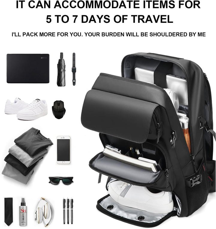 Robuster 50L wasserdichter Rucksack in Schwarz mit USB-Port, ideal als Reise- oder Business-Rucksack mit Schuhfach.