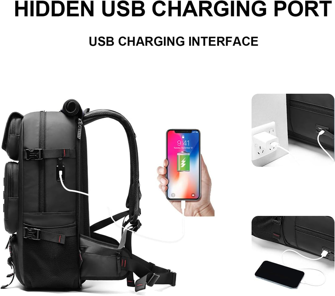 Unisex 50L Reise-Rucksack, wasserdicht, schwarz, mit USB-Anschluss & Schuhfach – perfektes Gepäck für Abenteuer.
