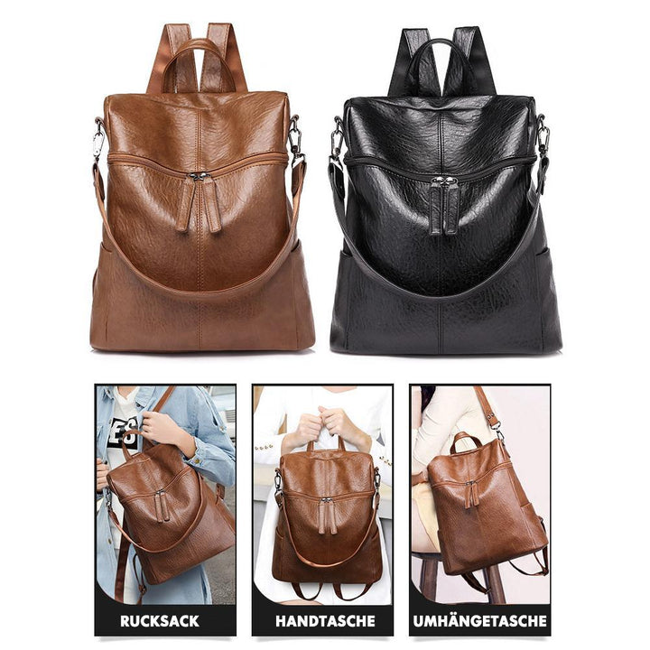 Geräumiger schwarzer Lederrucksack für Damen mit praktischen Fächern für Uni, Arbeit und Freizeit.
