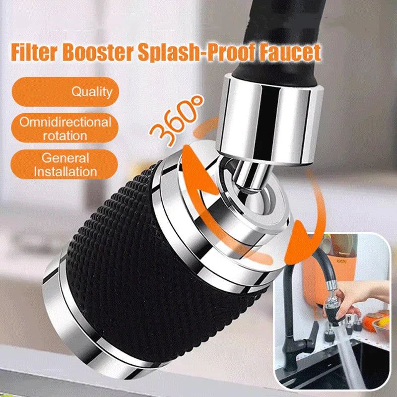 Effizienter 360-Grad drehbarer Wasserhahnfilter für Spülbecken, rostfrei, weiß.