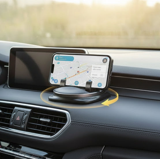 Schwarzer FlexiVIEW 360° Handyhalter aus Silikon, universell einsetzbar als Auto-, Tisch- oder Küchenhalterung.