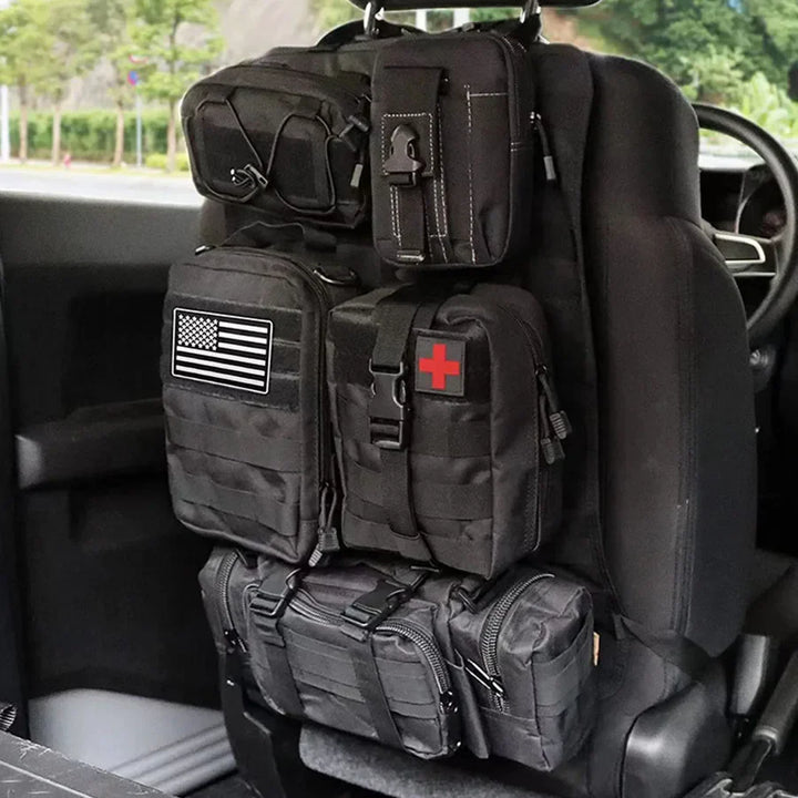 Schwarzer multifunktionaler Auto-Rücksitz-Organizer aus robustem Oxford 600D, ideal für Ordnung im Fahrzeug.
