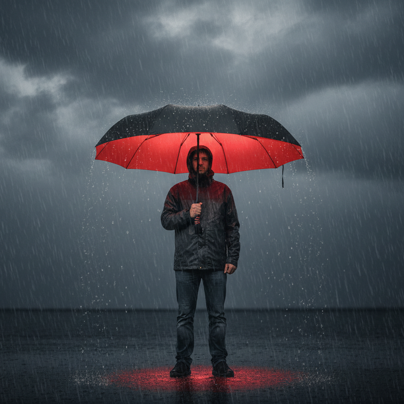 Schwarzer RAINFORCE Sturmregenschirm, windfest, bietet maximalen Schutz bei starkem Wind und Regen.