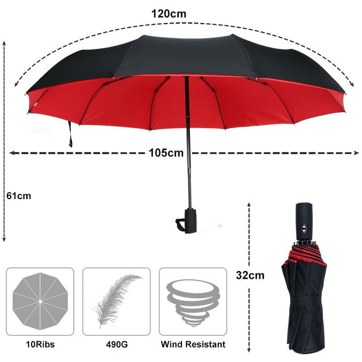 Roter, kompakter RAINFORCE Sturmregenschirm, leicht zu verstauen, schützt effektiv vor starken Böen.
