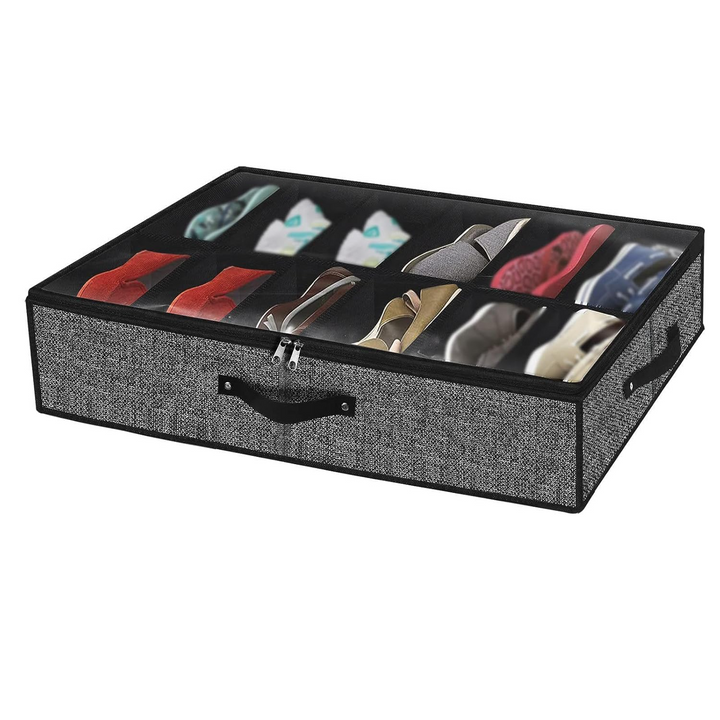 Schwarzer Schuh-Organizer unter Bett, platzsparende Schuhaufbewahrung für 12 Paar Schuhe mit Staubschutz.