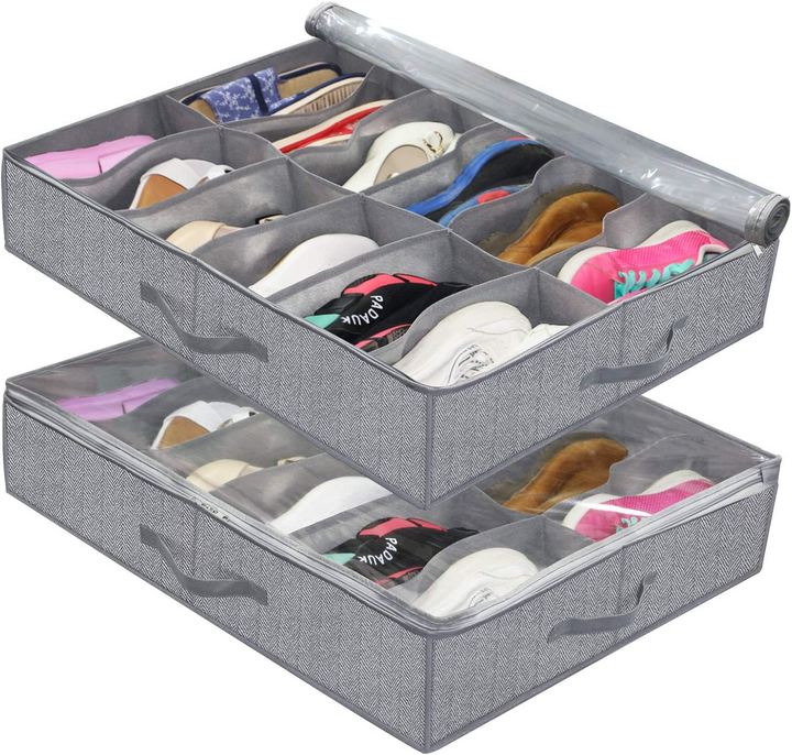 Unterbett Schuh-Organizer mit stabilen Griffen, leicht zugänglich für flexible & platzsparende Schuhaufbewahrung.