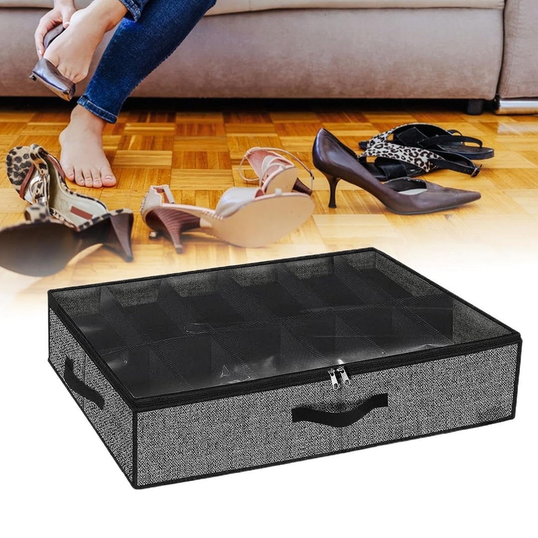Vorderansicht Unterbett Schuh-Organizer, präsentiert ein effizientes Schuhregal & wohnorganisation.
