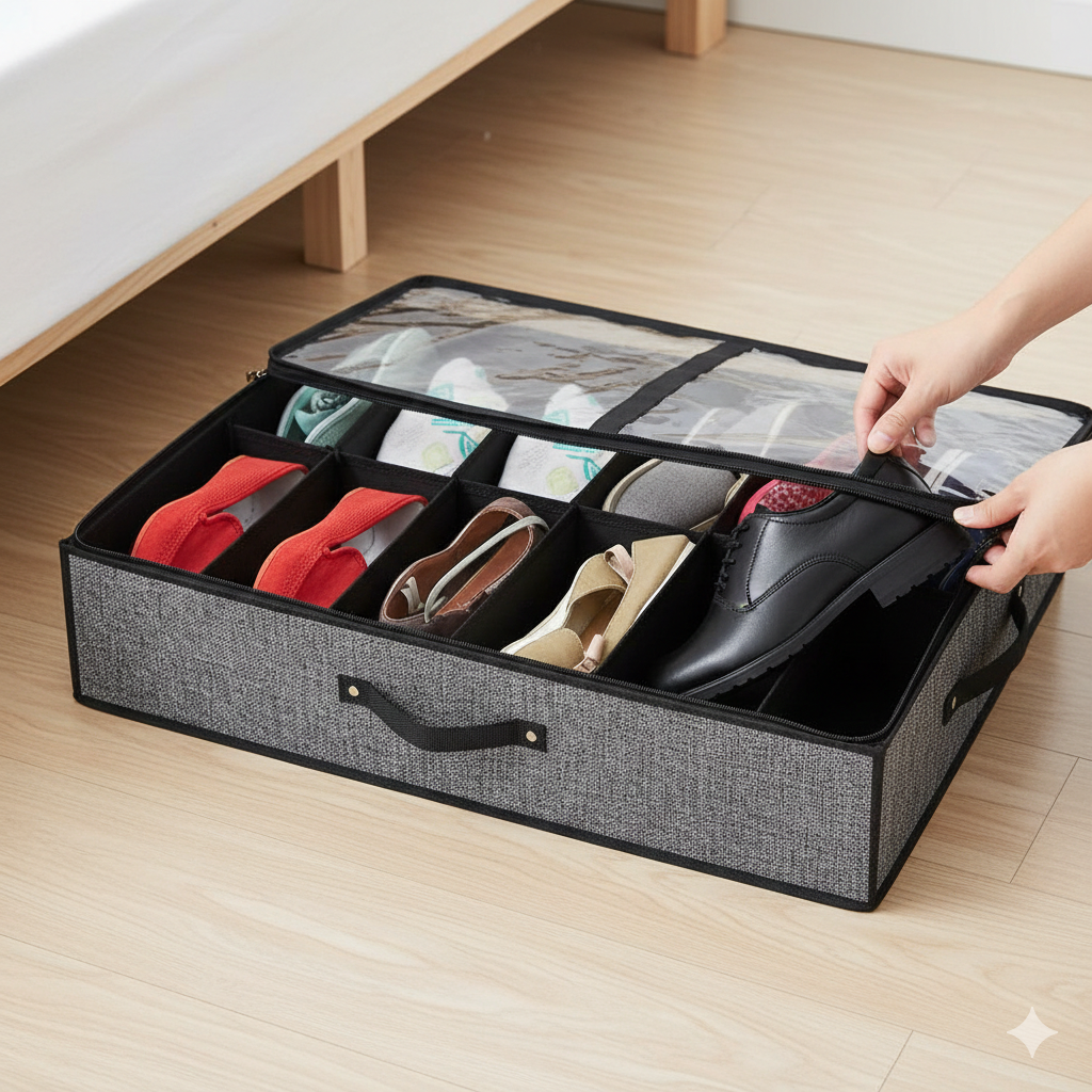 Nahaufnahme Unterbett Schuh-Organizer Material, zeigt robuste Qualität für langlebige Schuhaufbewahrung.