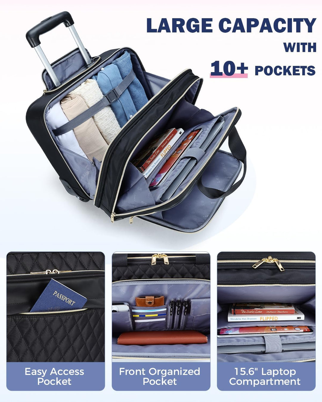 Robuster Laptop Rollkoffer 15,6 Zoll mit mehreren Fächern, perfekt als Business-Reise-Handgepäck.